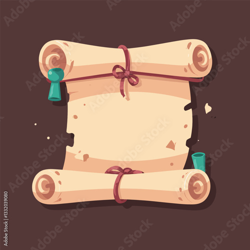 Cartoon scroll with teal quill and brown twine
