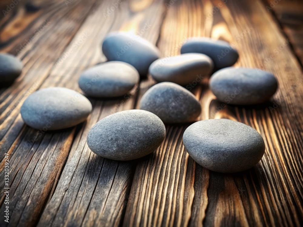 Smooth, grey spa stones arranged on a wooden surface, ready for a hot stone massage therapy session. Smooth, grey spa stones arranged on a wooden surface, ready for a hot stone massage therapy session.
