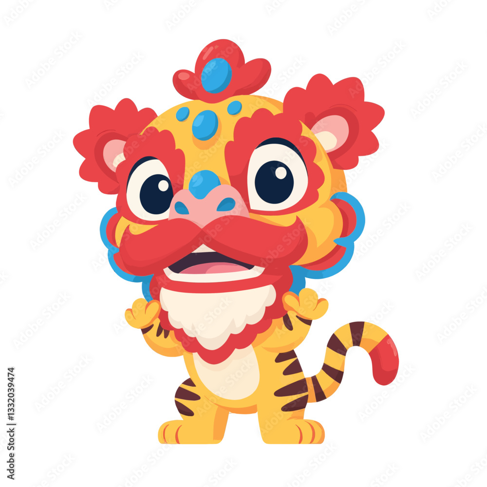 Naklejka premium Cartoon tiger performing a Chinese lion dance