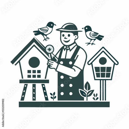 A person building a birdhouse. Simple flat illustration on a white background. Vector graphic.