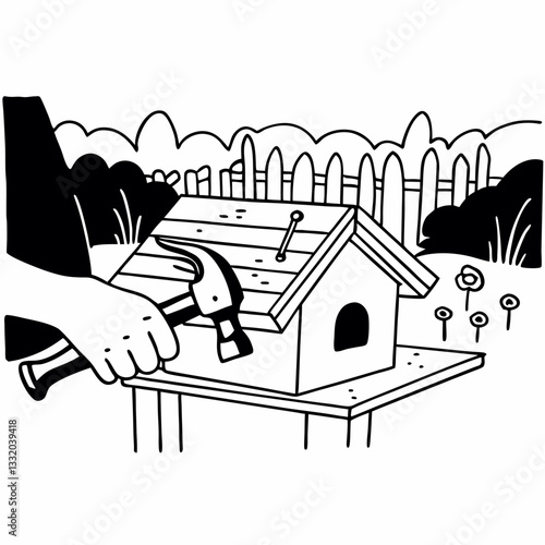A person building a birdhouse outline simple image. Flat style. Vector illustration.