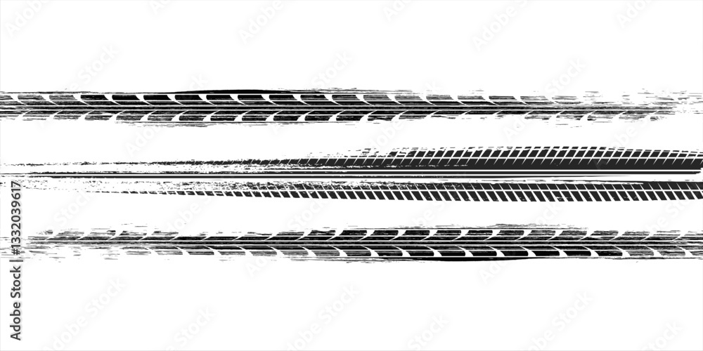 Grunge tire track, wheel braking marks. Truck, car or motorcycle tread pattern silhouette vector Grunge tire track, wheel braking marks. Truck, car or motorcycle tread pattern silhouette vector
