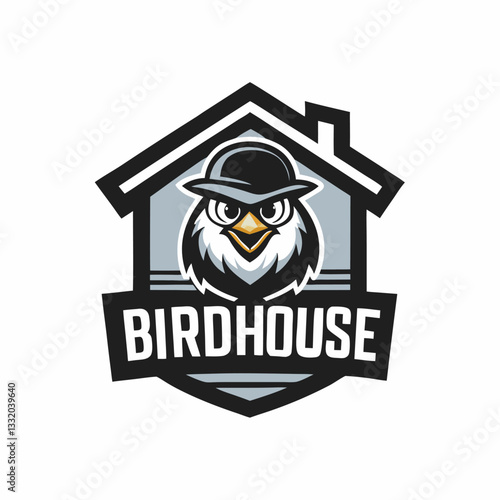 A bird in a hat looks out of a birdhouse funny emblem. Flat style. Vector illustration.