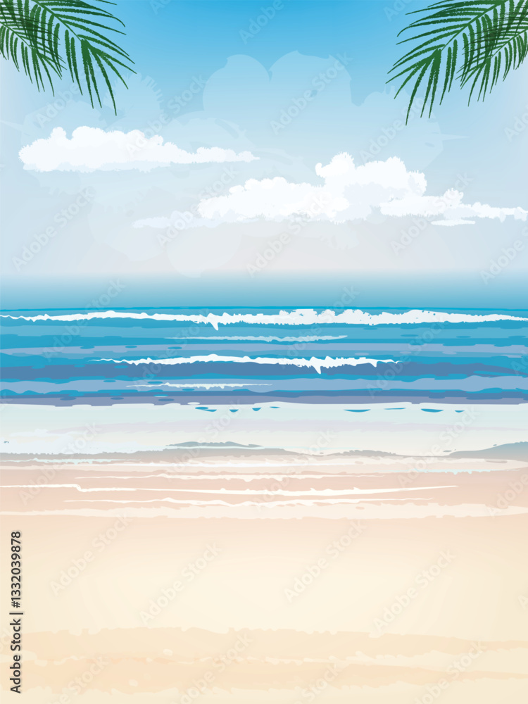 custom made wallpaper toronto digitalSerene Tropical Beach Vacation: Sandy Shoreline with Rolling Waves and Palm Leaves