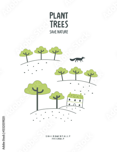 Vector cartoon sketch of tres on the hill. Illustration of Environmentally friendly planet. Plant trees. Save forest and our planet.	