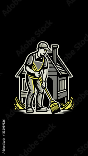 Hand drawn a person sweeping the yard of a house colorful image. Vintage style. Vector illustration.
