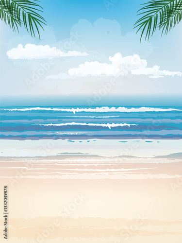 Serene Tropical Beach Vacation: Sandy Shoreline with Rolling Waves and Palm Leaves