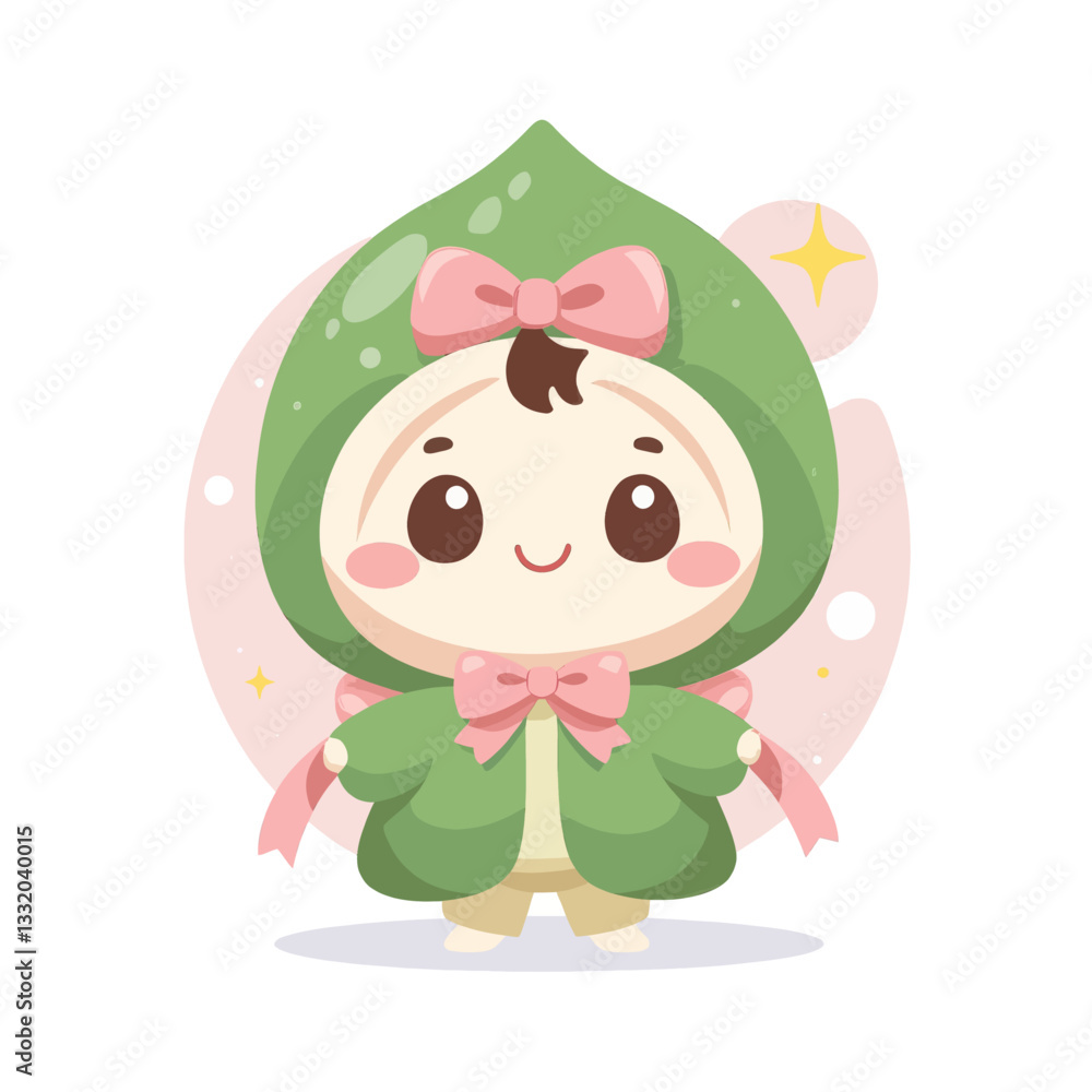 Fototapeta premium Chibi Character with Green Hood and Pink Bows