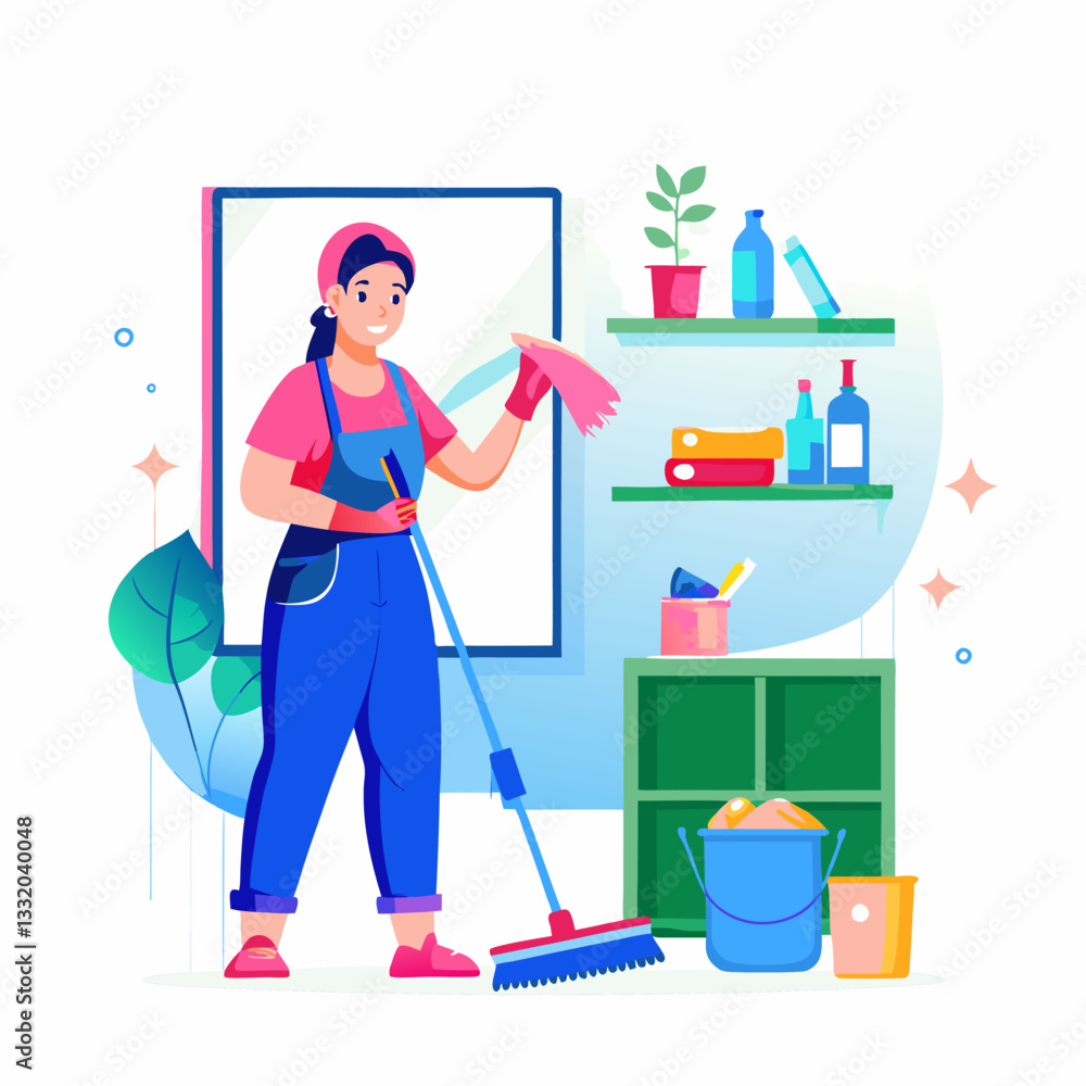 Fototapeta premium A person cleaning the house. Cartoon vector illustration on white background.