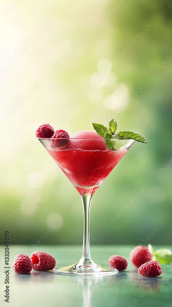 Refreshing Raspberry Sorbet in Elegant Martini Glass with Mint Leaves on Light Green Bokeh Background – Gourmet Dessert and Summer Treat Concept Refreshing Raspberry Sorbet in Elegant Martini Glass with Mint Leaves on Light Green Bokeh Background – Gourmet Dessert and Summer Treat Concept