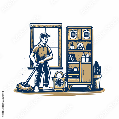 Hand drawn a person cleaning the house image. Flat image isolated on white background. Vector illustration.