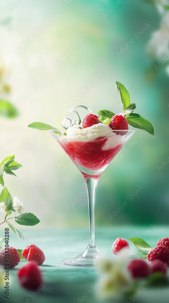 Refreshing Raspberry Sorbet in Elegant Martini Glass with Mint Leaves on Light Green Bokeh Background – Gourmet Dessert and Summer Treat Concept Refreshing Raspberry Sorbet in Elegant Martini Glass with Mint Leaves on Light Green Bokeh Background – Gourmet Dessert and Summer Treat Concept