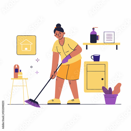 A person cleaning the house image. Flat image isolated on white background. Vector illustration.