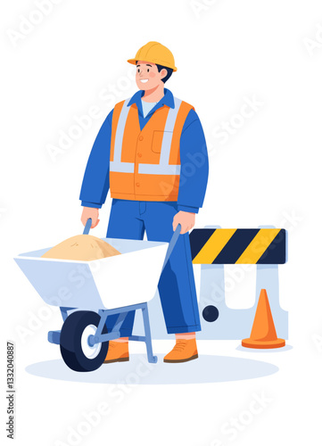 Construction worker with wheelbarrow by safety barricade