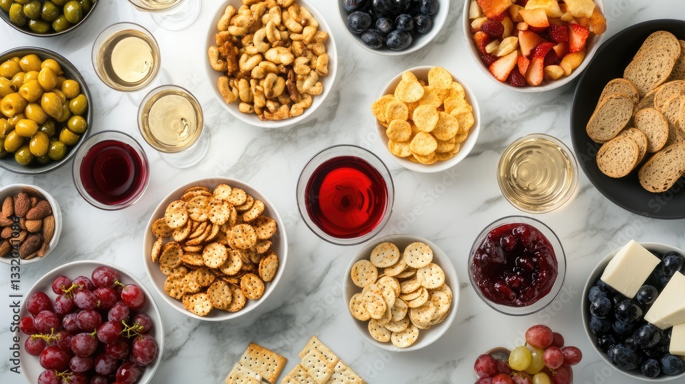Assortment of snacks and wine display on marble, top view Assortment of snacks and wine display on marble, top view