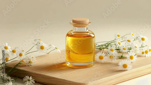 Wallpaper Mural A glass bottle of essential oil surrounded by daisies on a wooden surface in a soft-lit setting Torontodigital.ca