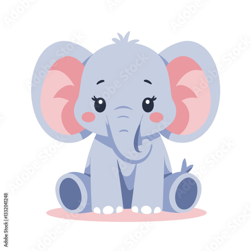 Cute cartoon elephant sits with pink cheeks and ears