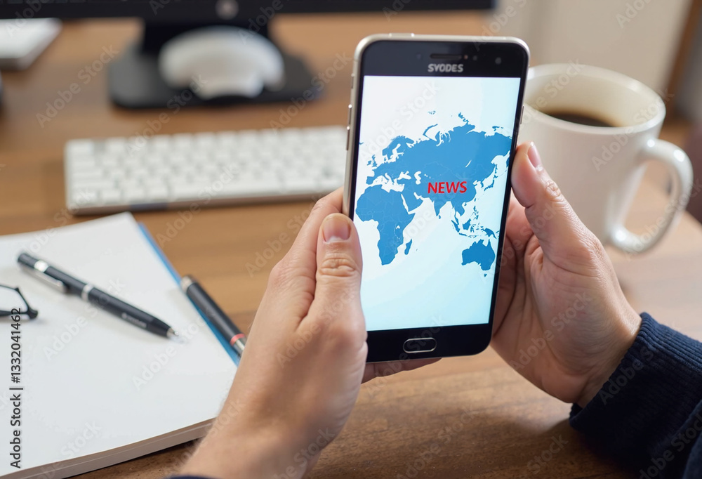 Person reading global news on a smartphone at their desk.