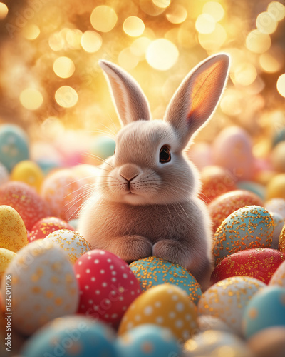 Cute Easter Bunny in a Colorful Background featuring Easter Eggs