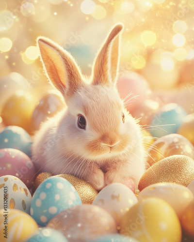 Cute Easter Bunny in a Colorful Background featuring Easter Eggs
