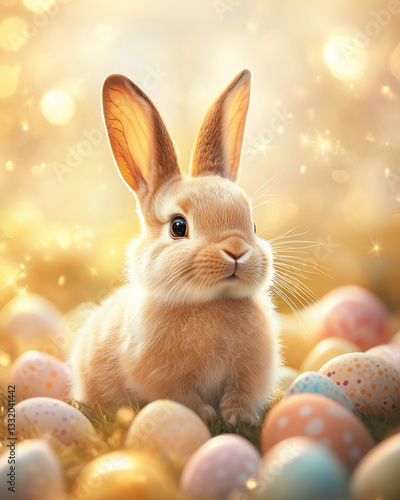 Cute Easter Bunny in a Colorful Background featuring Easter Eggs