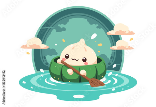 Dumpling rides zongzi boat on turquoise water illustration
