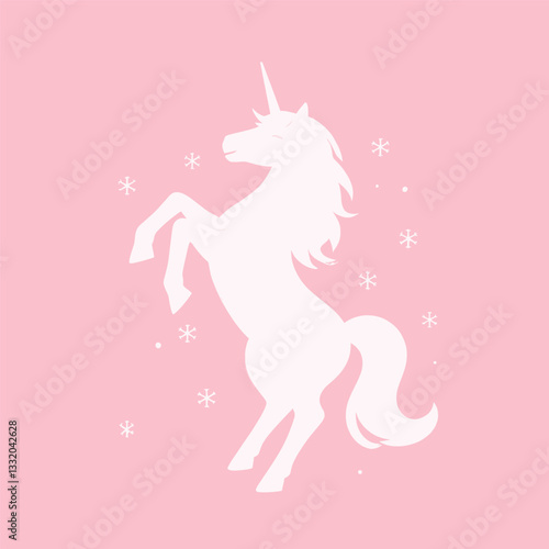 Elegant Unicorn Prancing in Pink Snowfall
