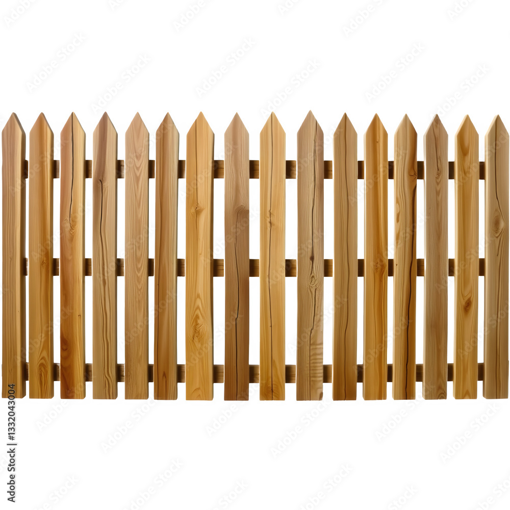 A wooden picket fence featuring pointed tops, showcasing a natural wood finish and evenly spaced planks. A wooden picket fence featuring pointed tops, showcasing a natural wood finish and evenly spaced planks.