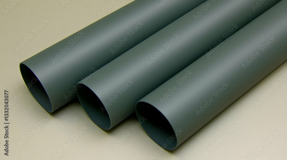 Three dark-grey pipes on beige background, industrial material, product photography for website Three dark-grey pipes on beige background, industrial material, product photography for website