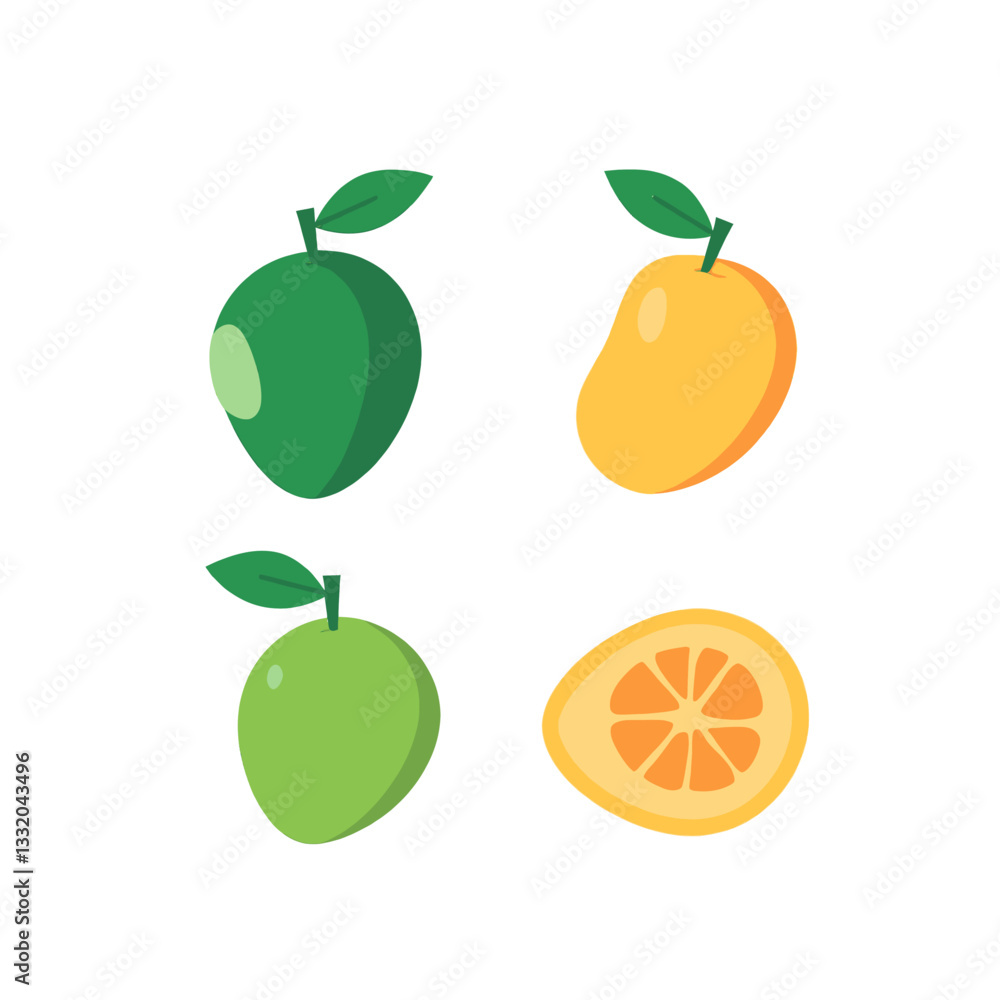 Fresh Flat Vector Fruit: Mango, Green Guava, Orange Slice Fresh Flat Vector Fruit: Mango, Green Guava, Orange Slice