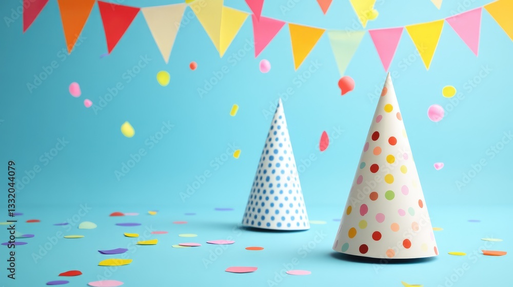 Celebrating birthday with party hat on colorful bunting background Celebrating birthday with party hat on colorful bunting background