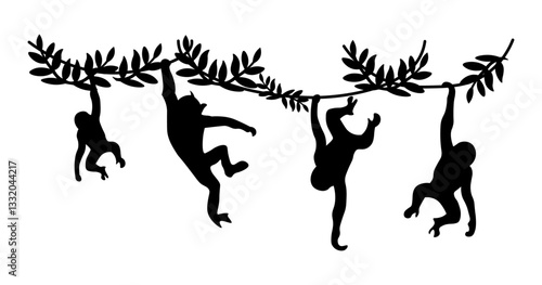 Monkey Silhouette Hanging on Vines – Jungle Wildlife Vector