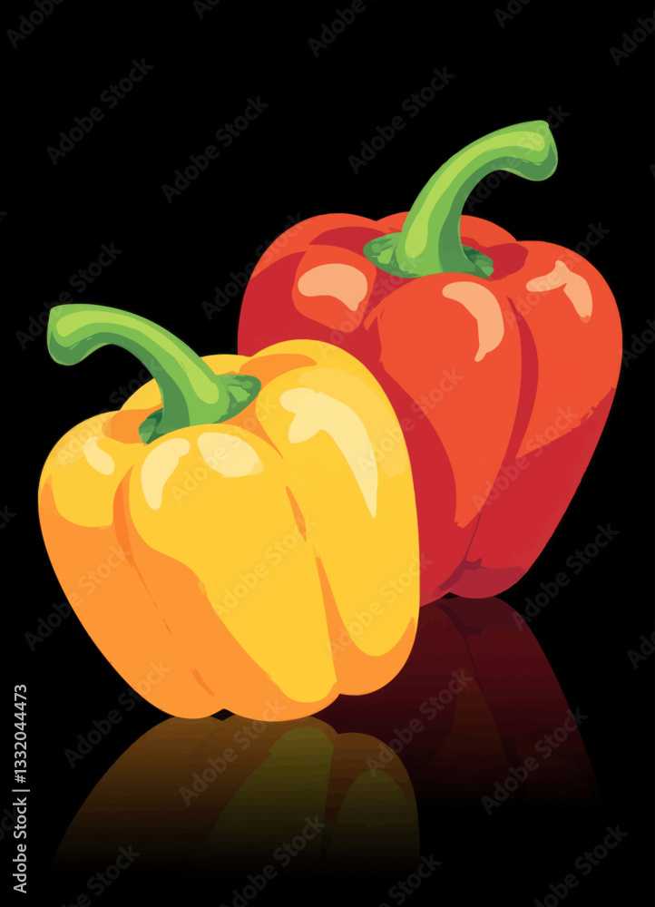 Graphic red and yellow bell peppers on black background Graphic red and yellow bell peppers on black background