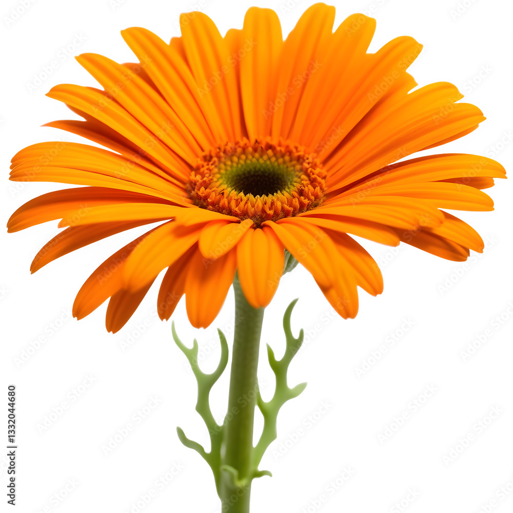A vibrant orange flower with layered petals and a green stem, showcasing its intricate details and bright color. A vibrant orange flower with layered petals and a green stem, showcasing its intricate details and bright color.