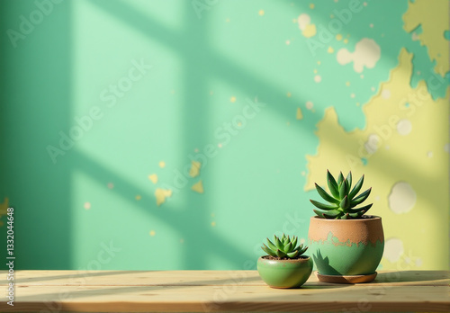 Wallpaper Mural Two succulents in green pots on a wooden table against a light green wall with sunlit shadows. Minimalist home decor photography. Torontodigital.ca