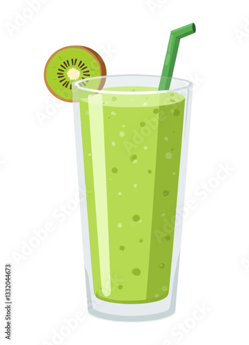 Green kiwi smoothie with a straw in glass