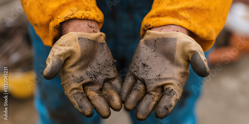 Mud-Soiled Work Gloves Held Open