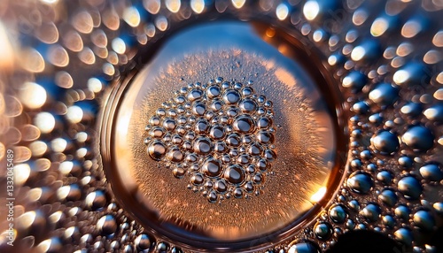 Intricate microscopic view of a single liquid droplet, capturing the fascinating dynamics of microscopic bubbles as they form, grow, and then dissolve within the fluid