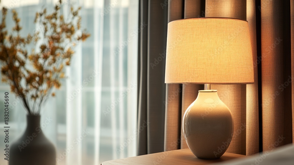 Contemporary interior room design with stylish lamp and curtains. Contemporary interior room design with stylish lamp and curtains.