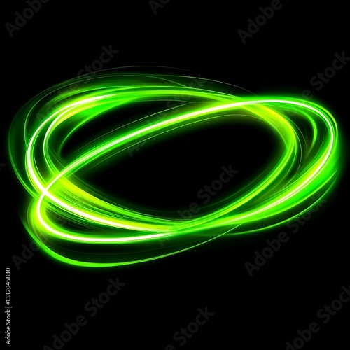 Bright green light trails swirling in a dark black background