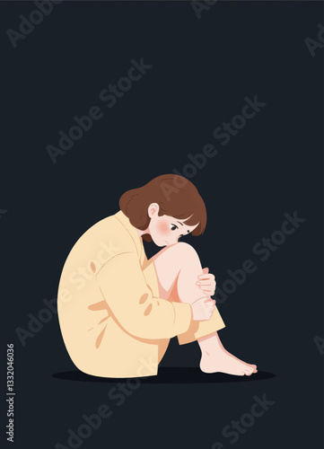 Isolated woman hugging knees in a dark space
