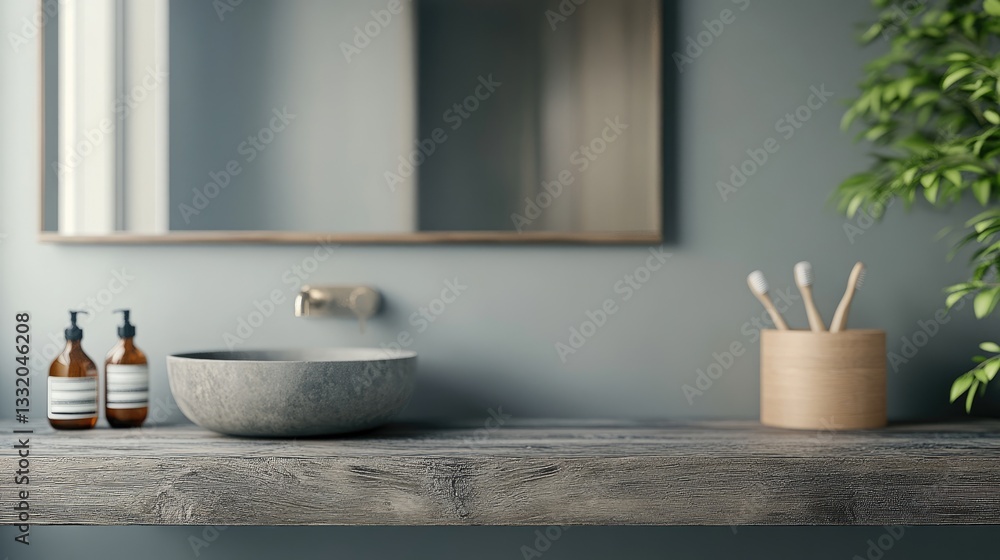 Fototapeta premium Design space on vacant gray wooden table in bathroom.