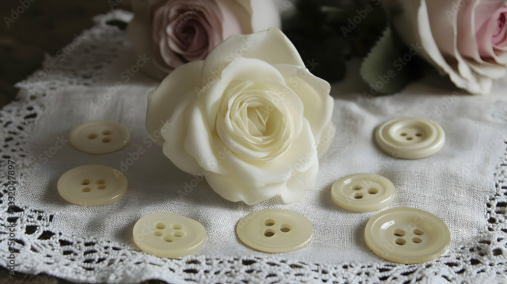 Creamy rose and buttons on lace, rustic background Creamy rose and buttons on lace, rustic background
