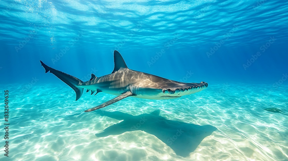 Fototapeta premium Massive hammerhead shark gliding through crystal clear tropical waters