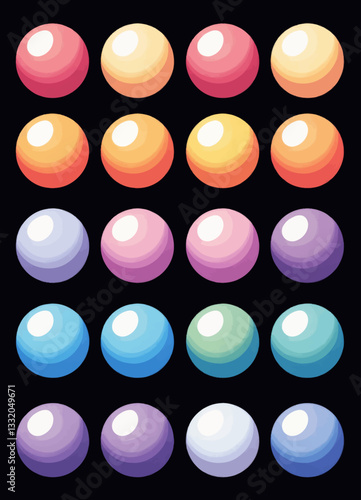 Pixelated Colorful Spheres in Rows on Black
