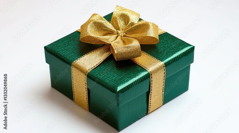 Fototapeta premium Green present box with golden bow and ribbon on white backdrop.