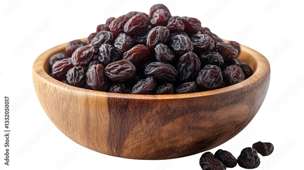 Raisins in Wooden Bowl: A close-up studio shot displays a bountiful serving of dark, dried raisins spilling out of a rustic wooden bowl. Raisins in Wooden Bowl: A close-up studio shot displays a bountiful serving of dark, dried raisins spilling out of a rustic wooden bowl.