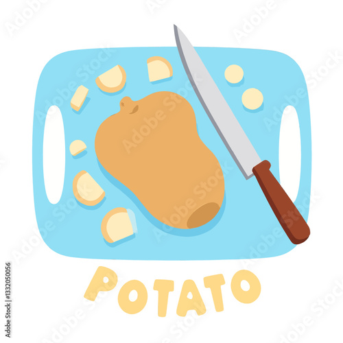 Potato being chopped on blue cutting board, vector illustration