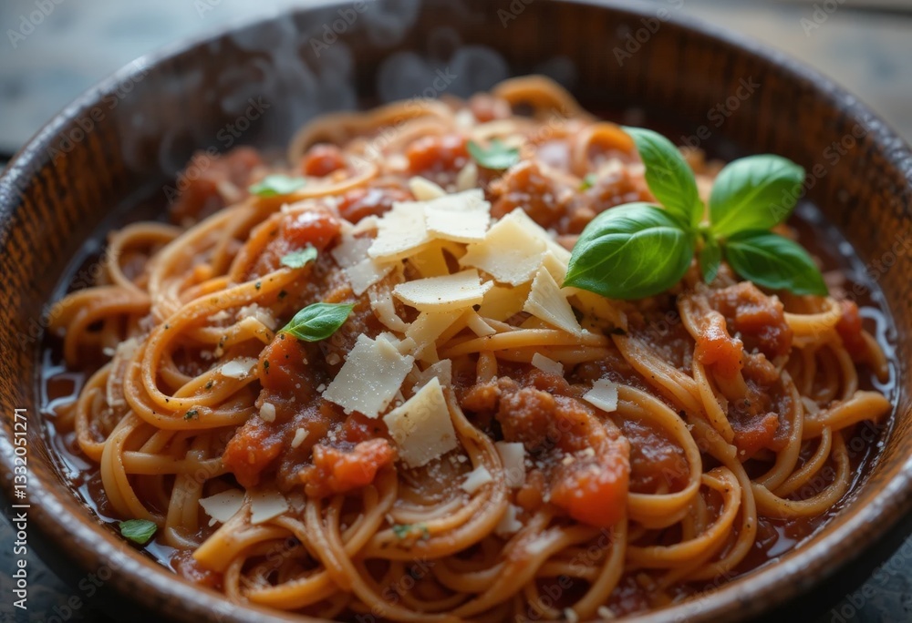 Fragrant homemade pasta topped with rich tomato sauce, fresh basil leaves and finely shaved parmesan. Appetizing close-up with steam adding a warm, fresh feel to the dish. Fragrant homemade pasta topped with rich tomato sauce, fresh basil leaves and finely shaved parmesan. Appetizing close-up with steam adding a warm, fresh feel to the dish.
