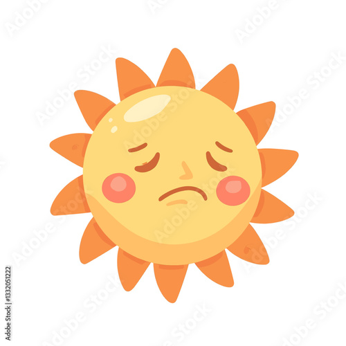 Sad cartoon sun with rosy cheeks and orange rays